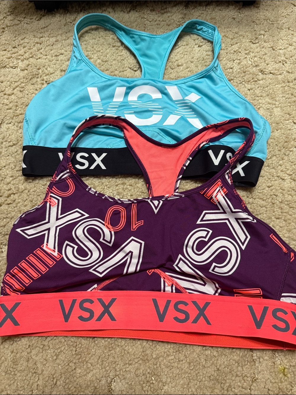 VSX Dual-Pack Racerback Sports Bras in Turquoise and Purple with Coral Trim